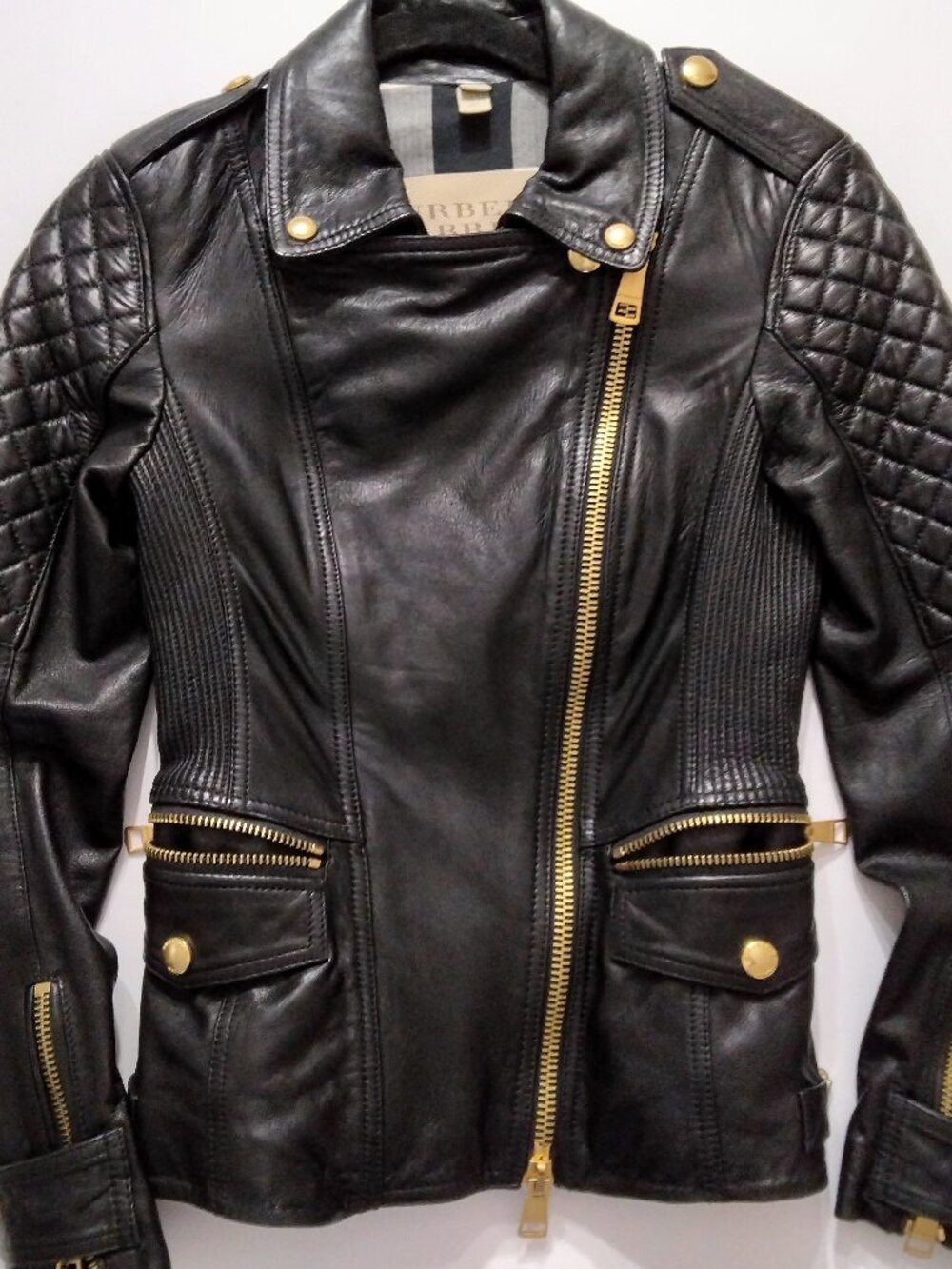 Burberry Brit Remington Quilted Lambskin Leather Moto Biker Jacket Black US 2